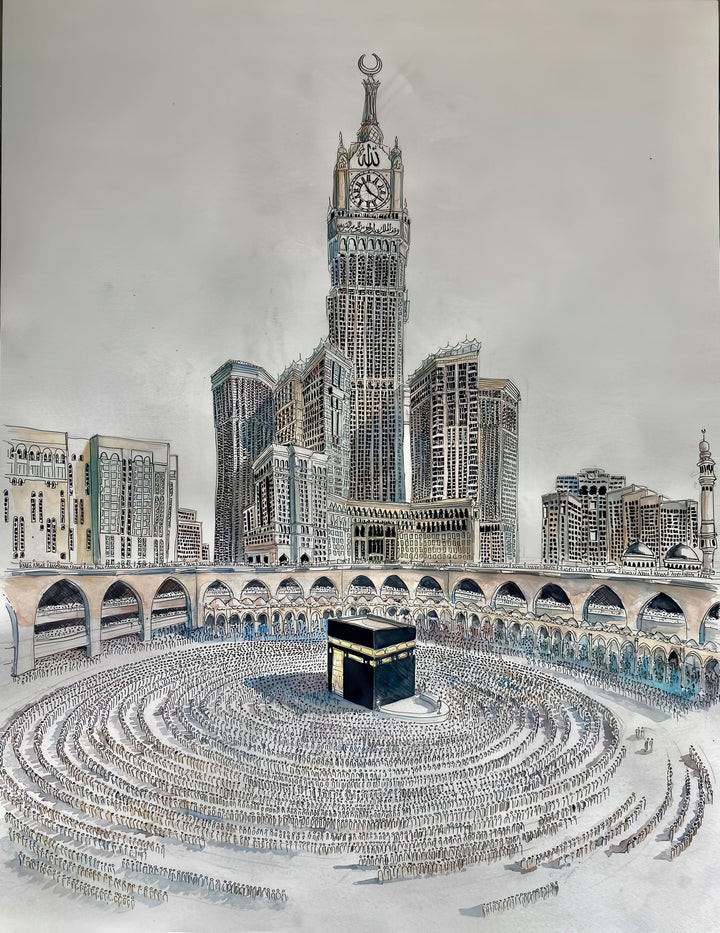 Kaaba Mecca Islamic canvas wall art showing Holy Kaaba and Abraj Al Bait clock tower with worshippers in Masjid al-Haram