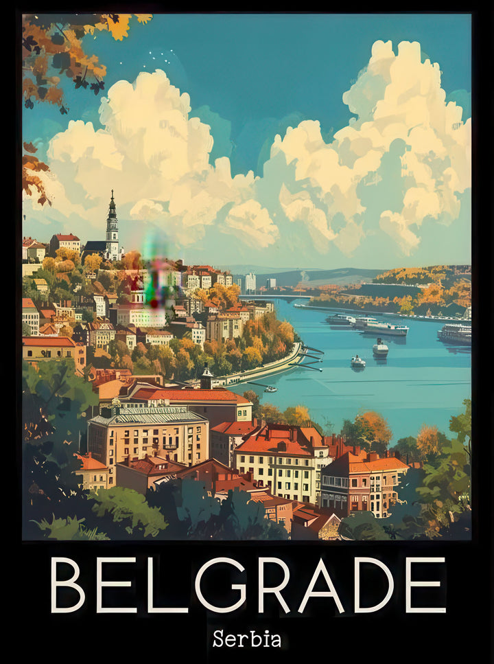 Belgrade Serbia vintage travel canvas depicting red roofs and Danube river in retro style