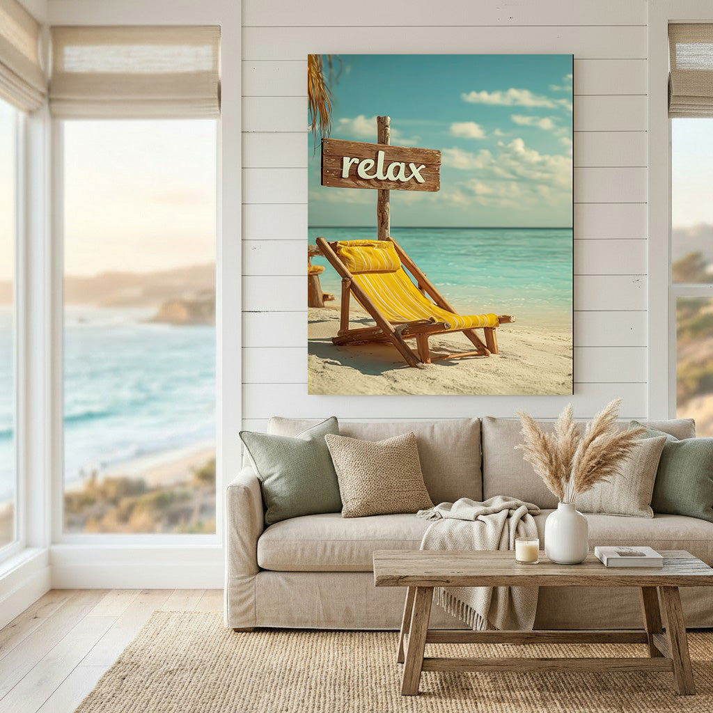 Relax Tropical Beach Canvas featuring yellow lounge chair and wooden sign by turquoise waters on sunlit beach