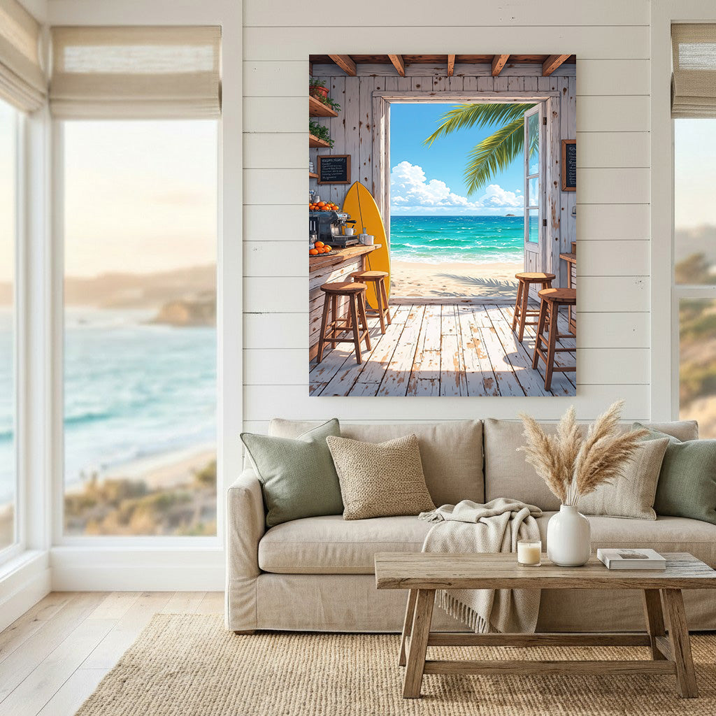 Beach Cafe Doorway canvas art showing rustic bar opening to tropical beach with white sand and turquoise sea