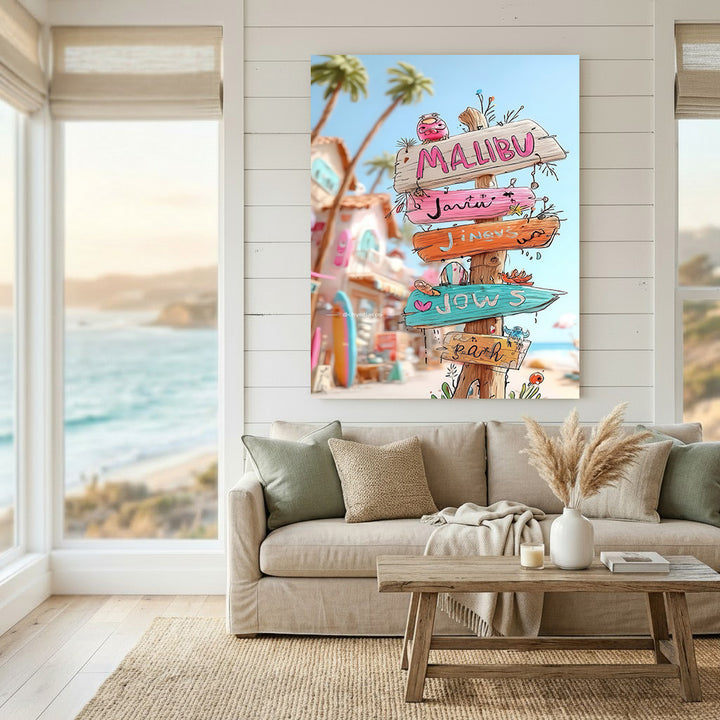 Malibu Beach Sign canvas art with rustic directional post and palm trees on premium water-resistant canvas