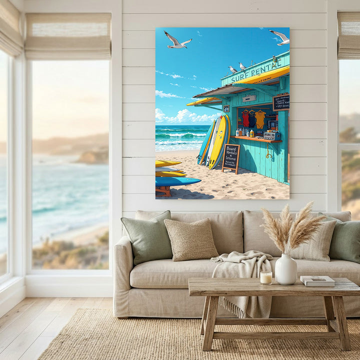 Surf rental beach shack canvas with turquoise shack, yellow surfboards, and seagulls over ocean waves