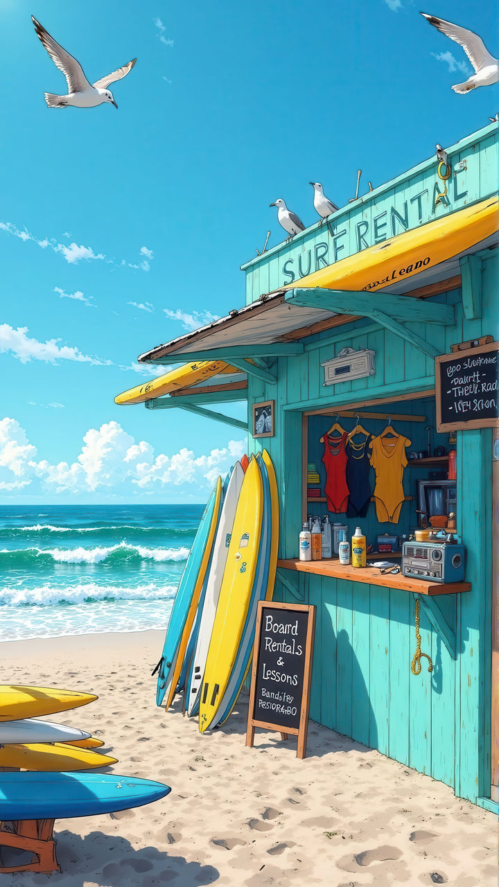 Surf rental beach shack canvas with turquoise shack, yellow surfboards, and seagulls over ocean waves