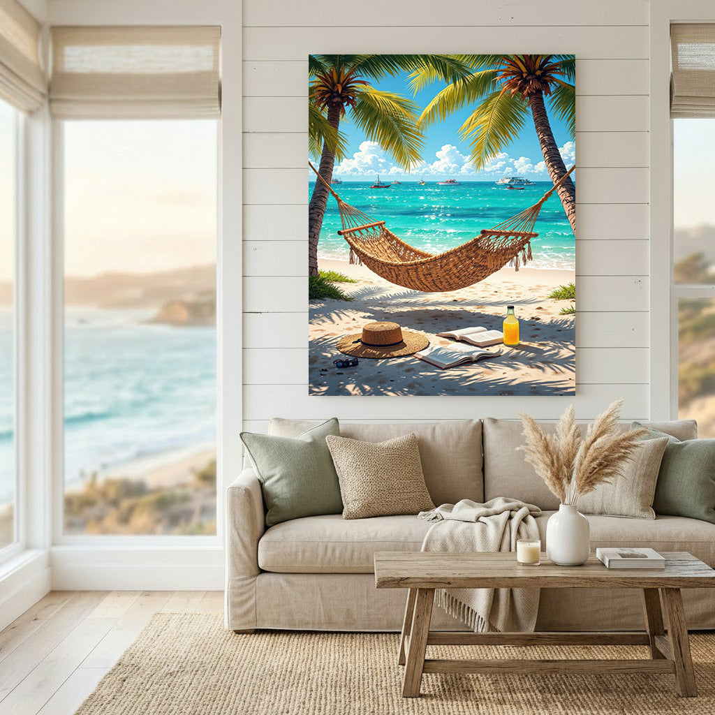 Tropical Hammock Beach Canvas showing a hammock between palm trees on a sunny beach