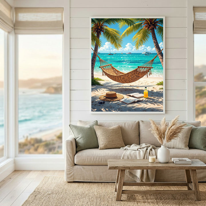 Tropical Hammock Beach Canvas showing a peaceful hammock between palm trees on a sunny beach