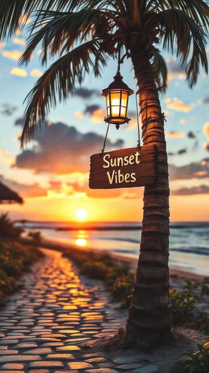 Sunset Vibes Tropical Path with lantern and ocean sunset on canvas art