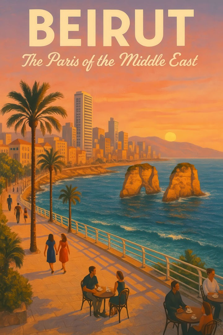 Beirut Vintage Travel Poster featuring Raouche Rocks at sunset on premium canvas with MDF frame