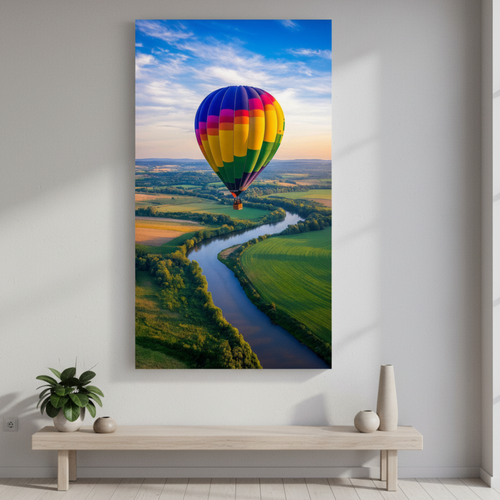 Colorful hot air balloon flying over winding river and green countryside on canvas artwork with MDF frame
