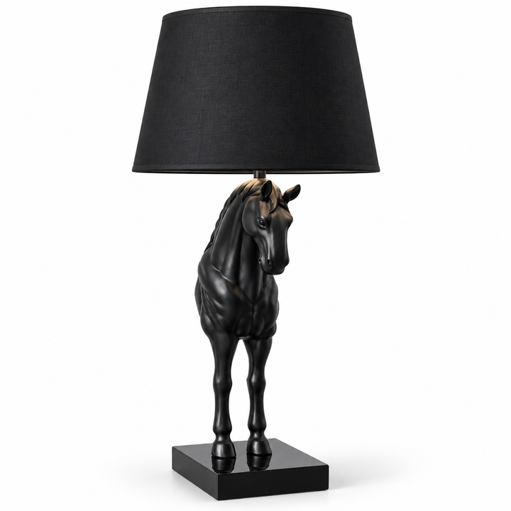 Black horse sculpture table lamp with a fabric shade on a square base