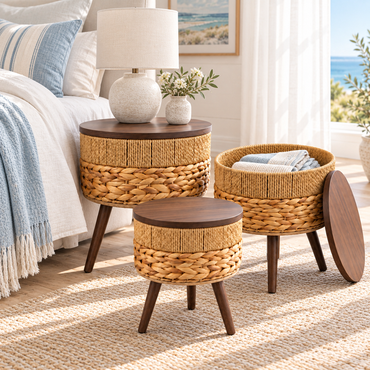 Set of 3 Natural Woven Storage Tables with Wooden Lids