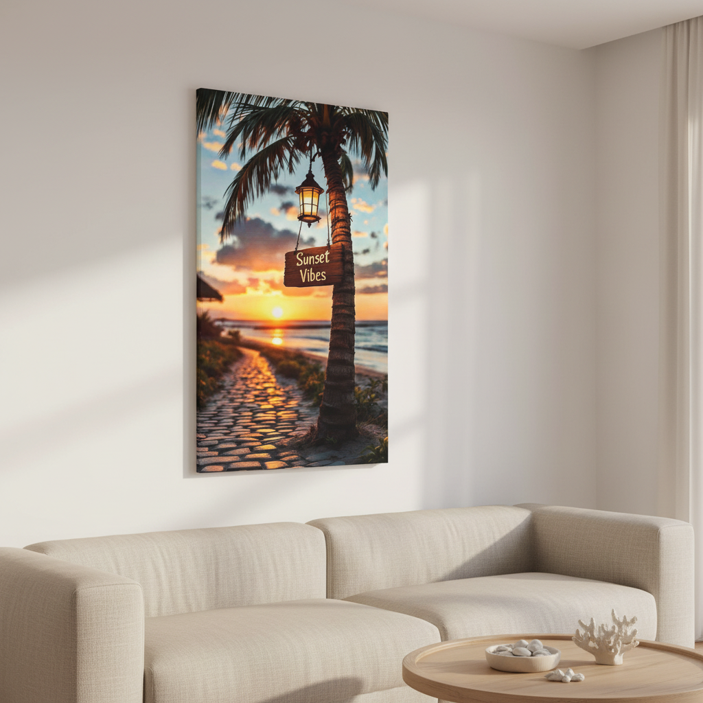 Sunset Vibes Tropical Path with lantern and ocean sunset on canvas art