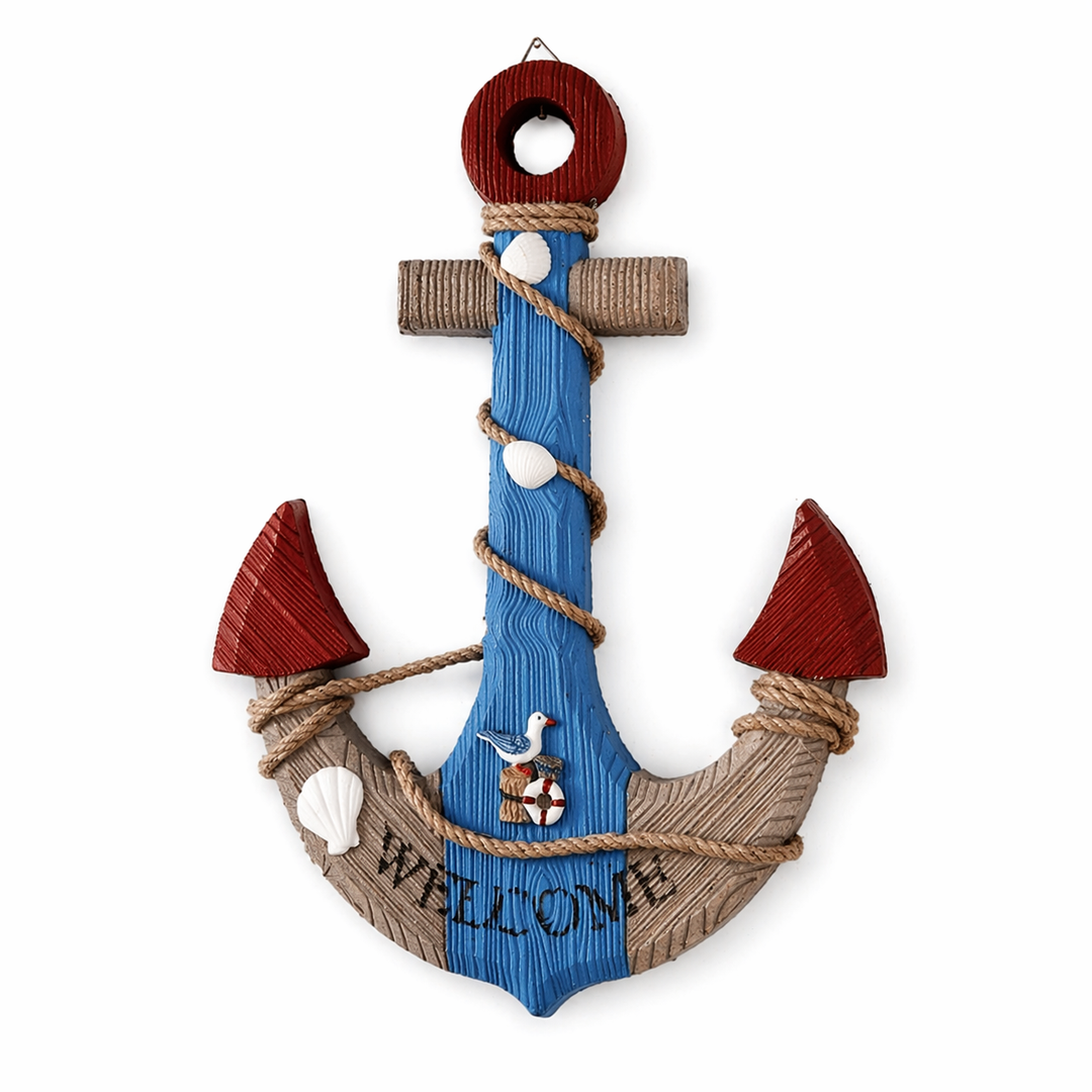 Rustic blue anchor wall decor hanging on wooden wall