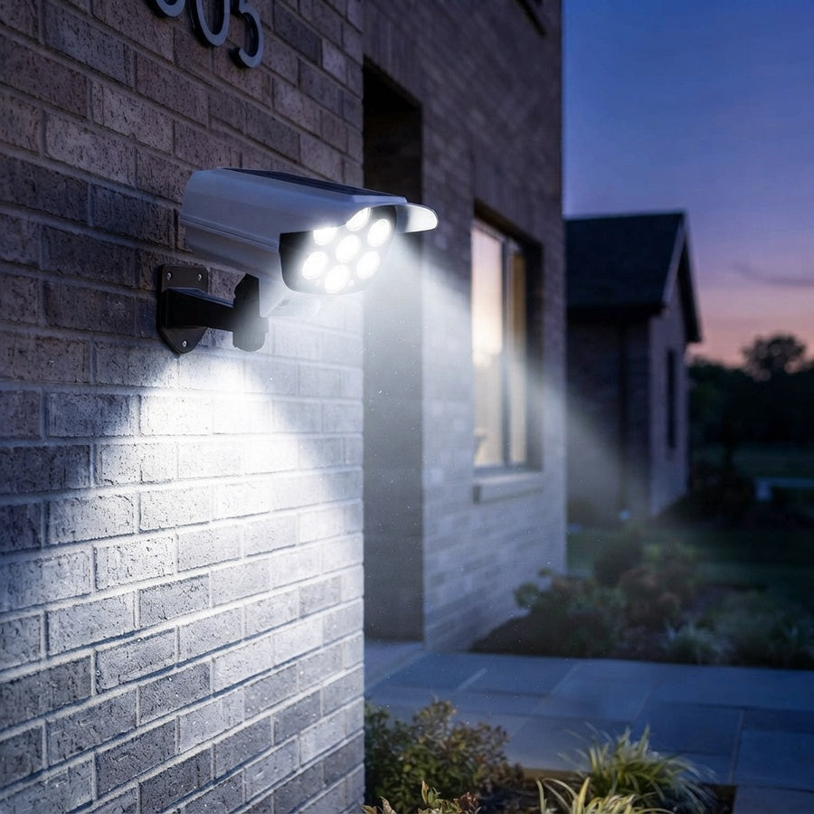 Modern outdoor wall-mounted LED security light illuminating a brick exterior at dusk
