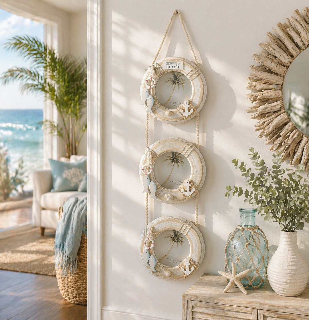 Triple beach-style coastal home photo frame hanging on wall