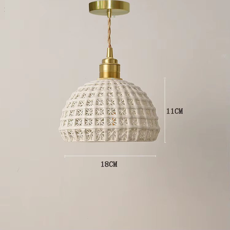 White Ceramic Textured Dome Pendant Light with Brass Detail