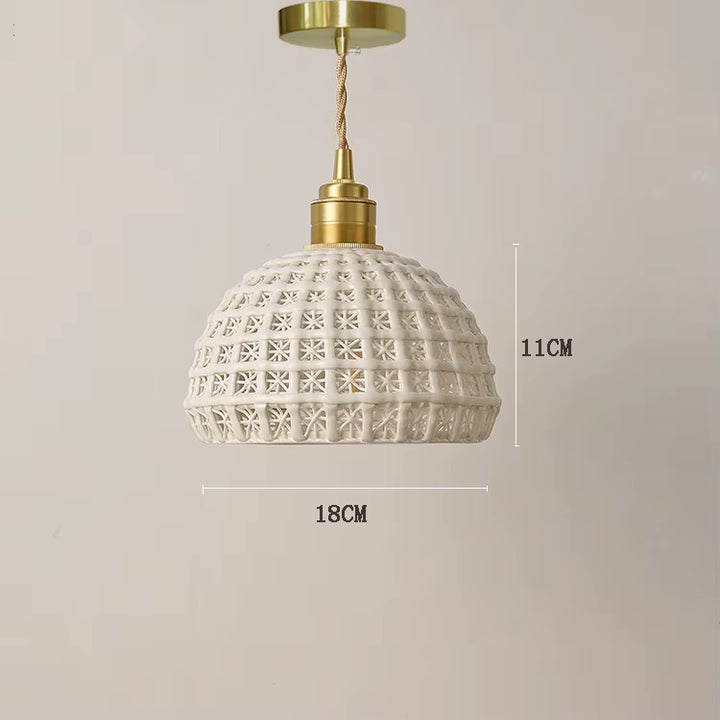 White Ceramic Textured Dome Pendant Light with Brass Detail