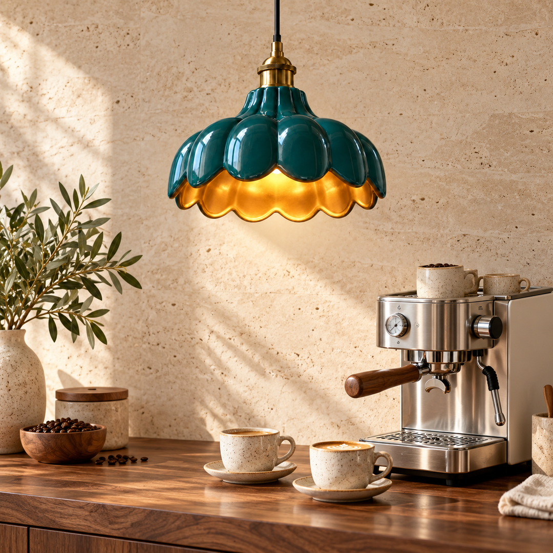 Teal Scalloped Pendant Light with Gold Interior