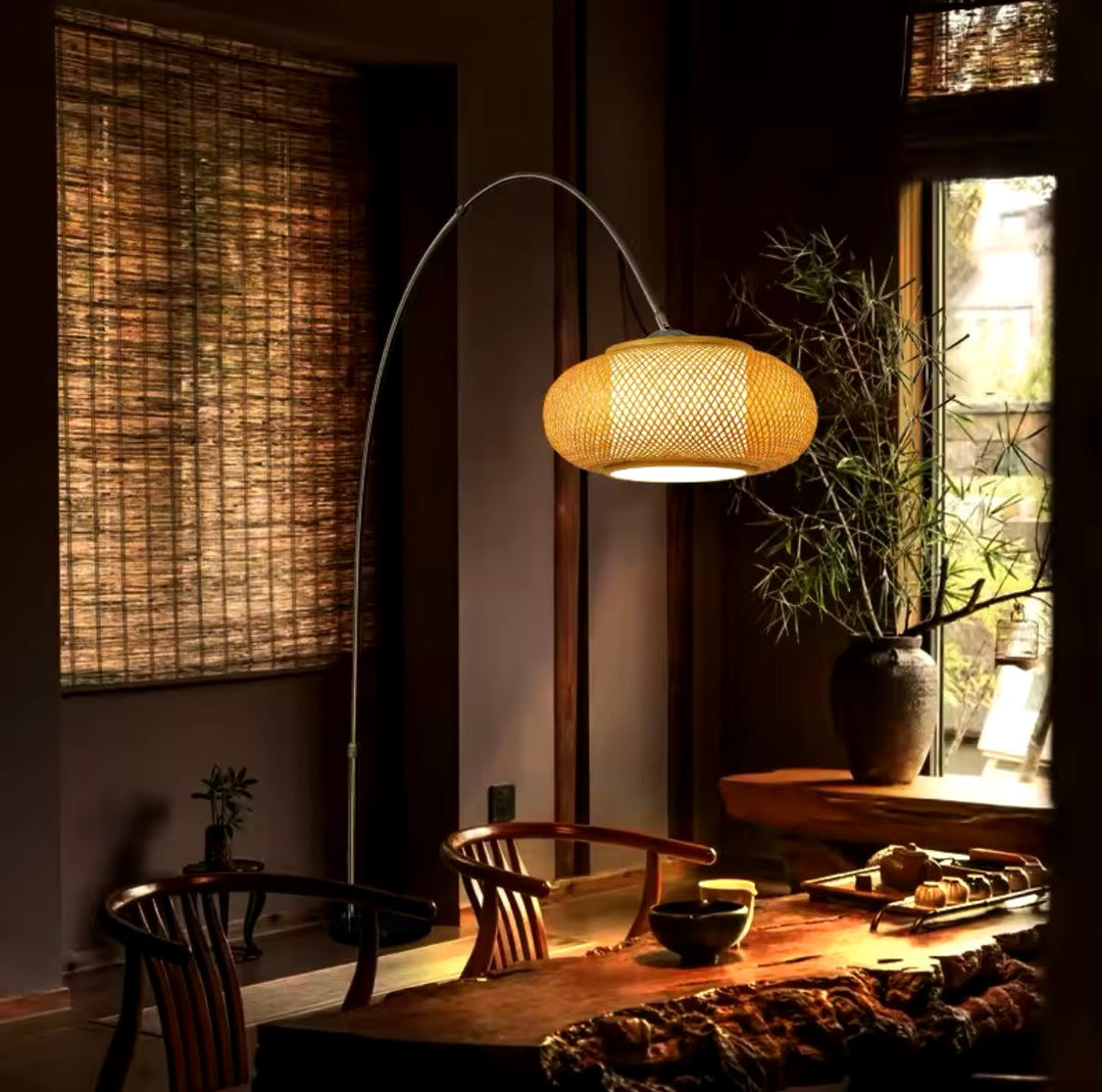 Modern Arc Floor Lamp with Woven Rattan Shade