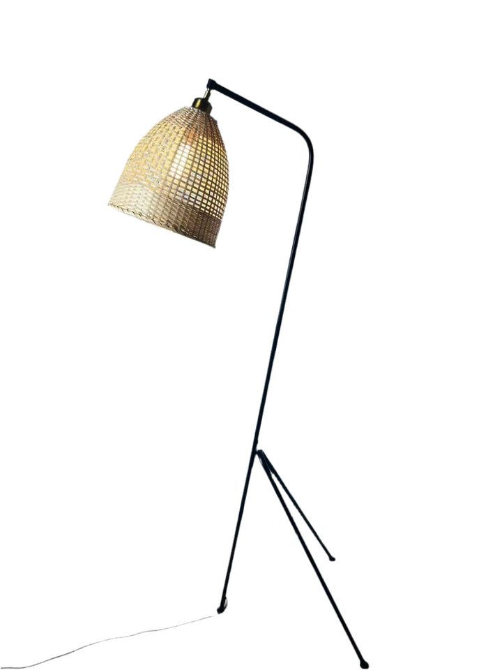 Rustic Arc Floor Lamp with Woven Natural Shade