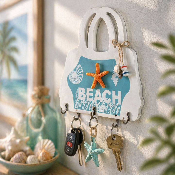 Beach key holder wall rack with decorative coastal hooks