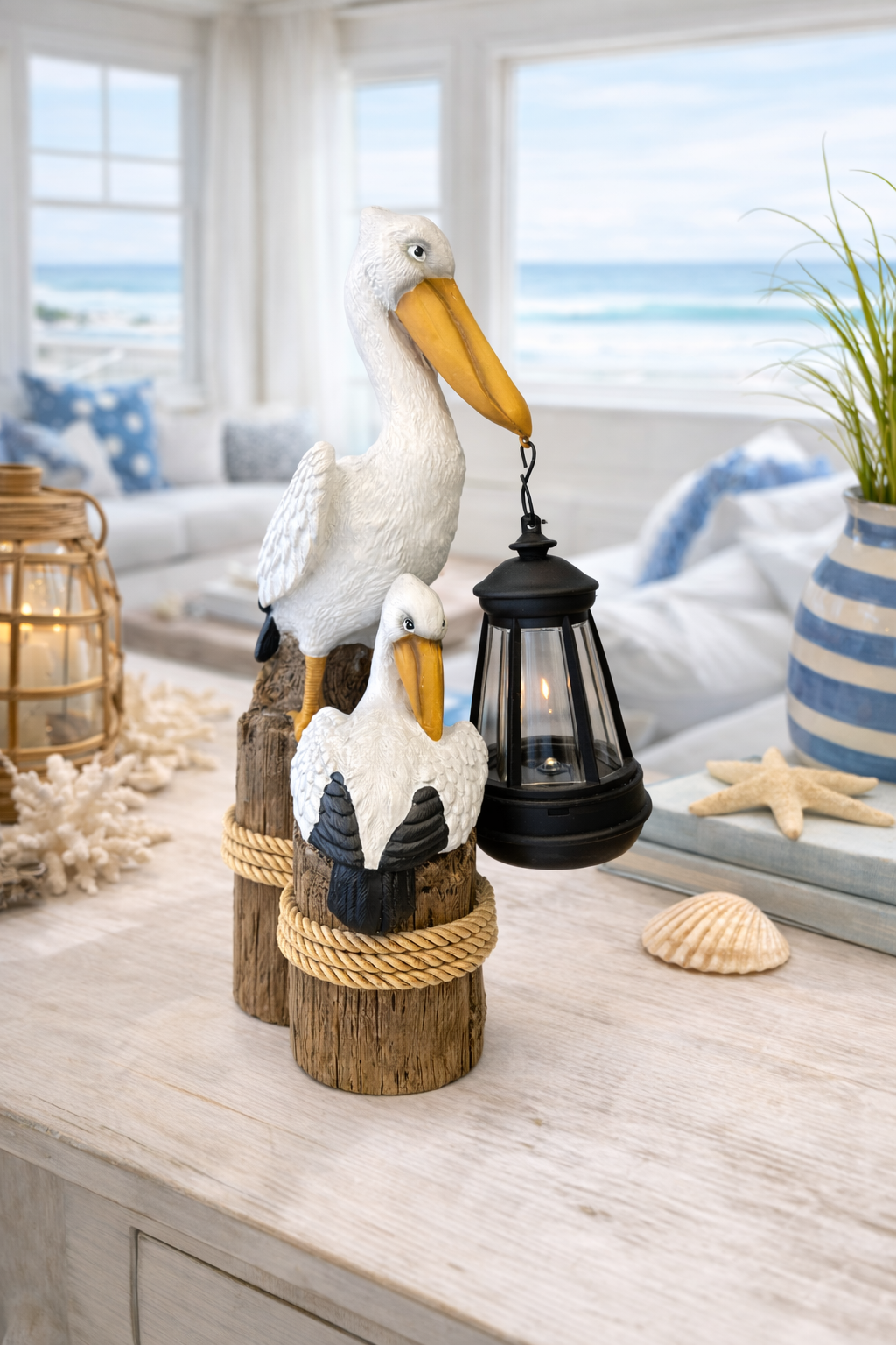 Rustic nautical pelican light accent with natural wood and rope details