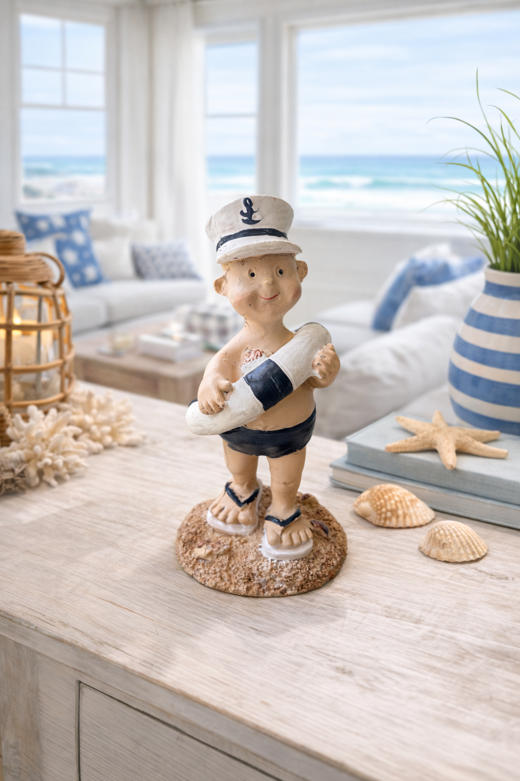 Charming Beach Boy Figurine holding a float for coastal decor