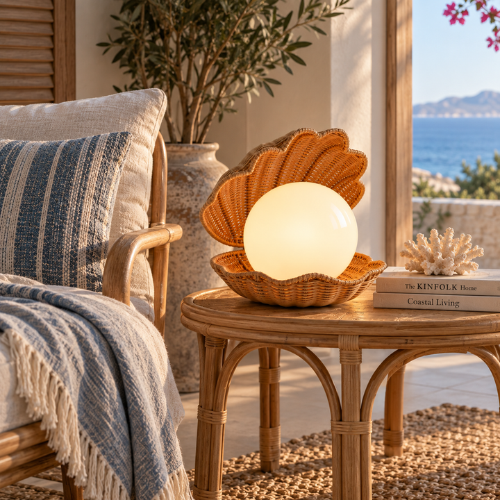 Shell-inspired rattan table lamp with a glowing spherical shade on a side table by the sea