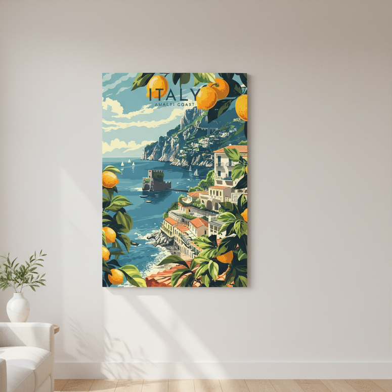 Vintage Italy Amalfi Coast travel poster on canvas with colorful villages and lemon trees