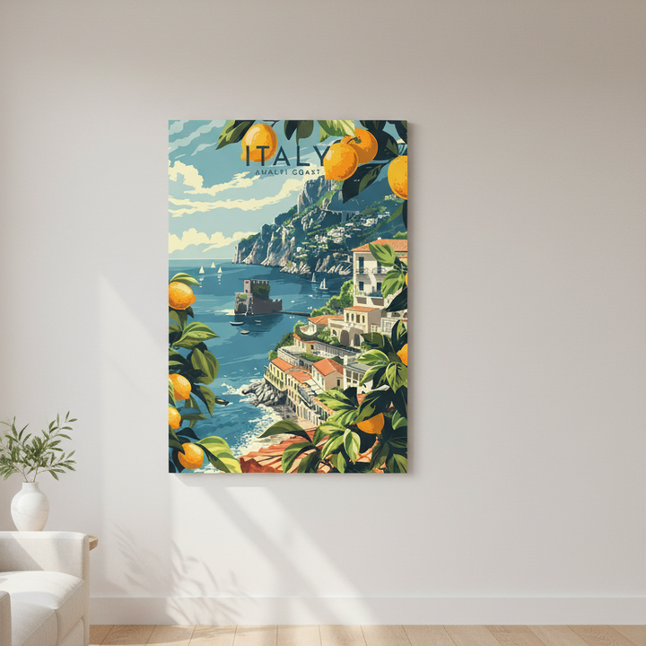 Vintage Italy Amalfi Coast travel poster on canvas with colorful villages and lemon trees