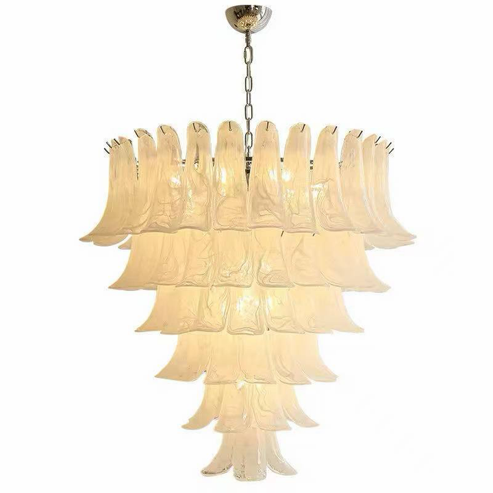Cream cascading glass panel chandelier with layered translucent shades