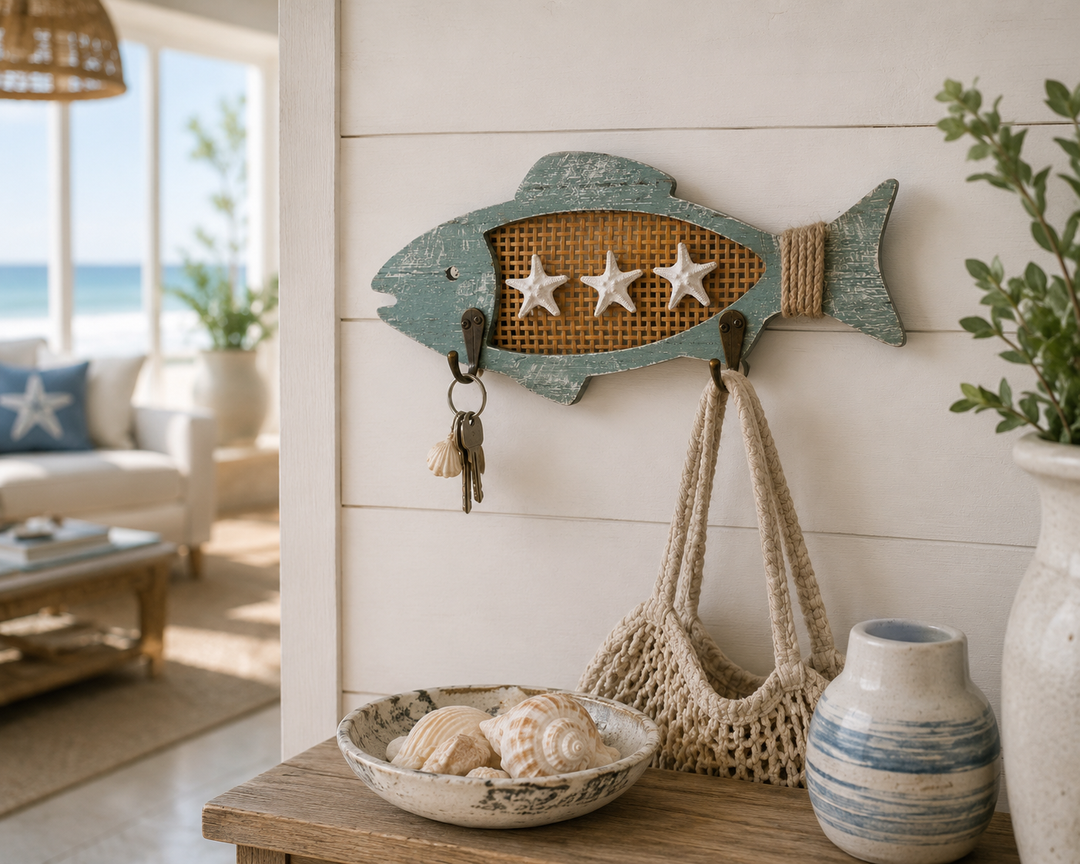 Coastal Fish Wall Hook Rack with Rattan & Starfish Accents