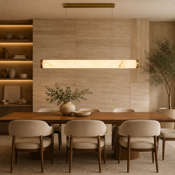 Modern Linear Marble LED Pendant Light with Brass Accents