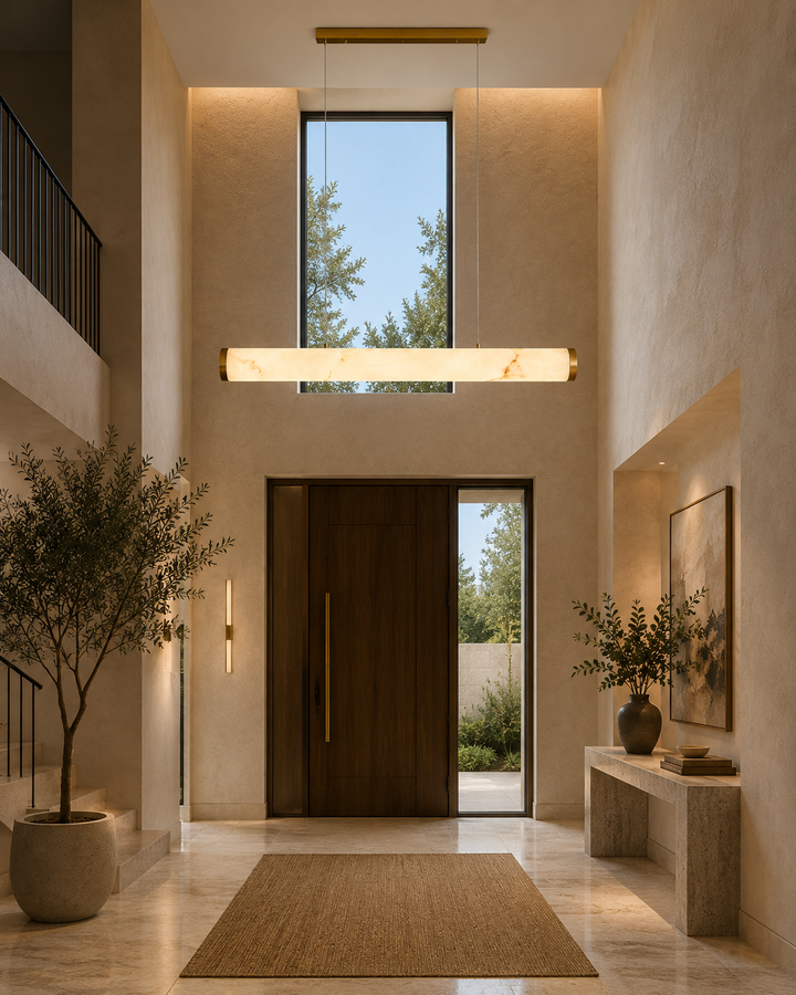 Modern Linear Marble LED Pendant Light with Brass Accents