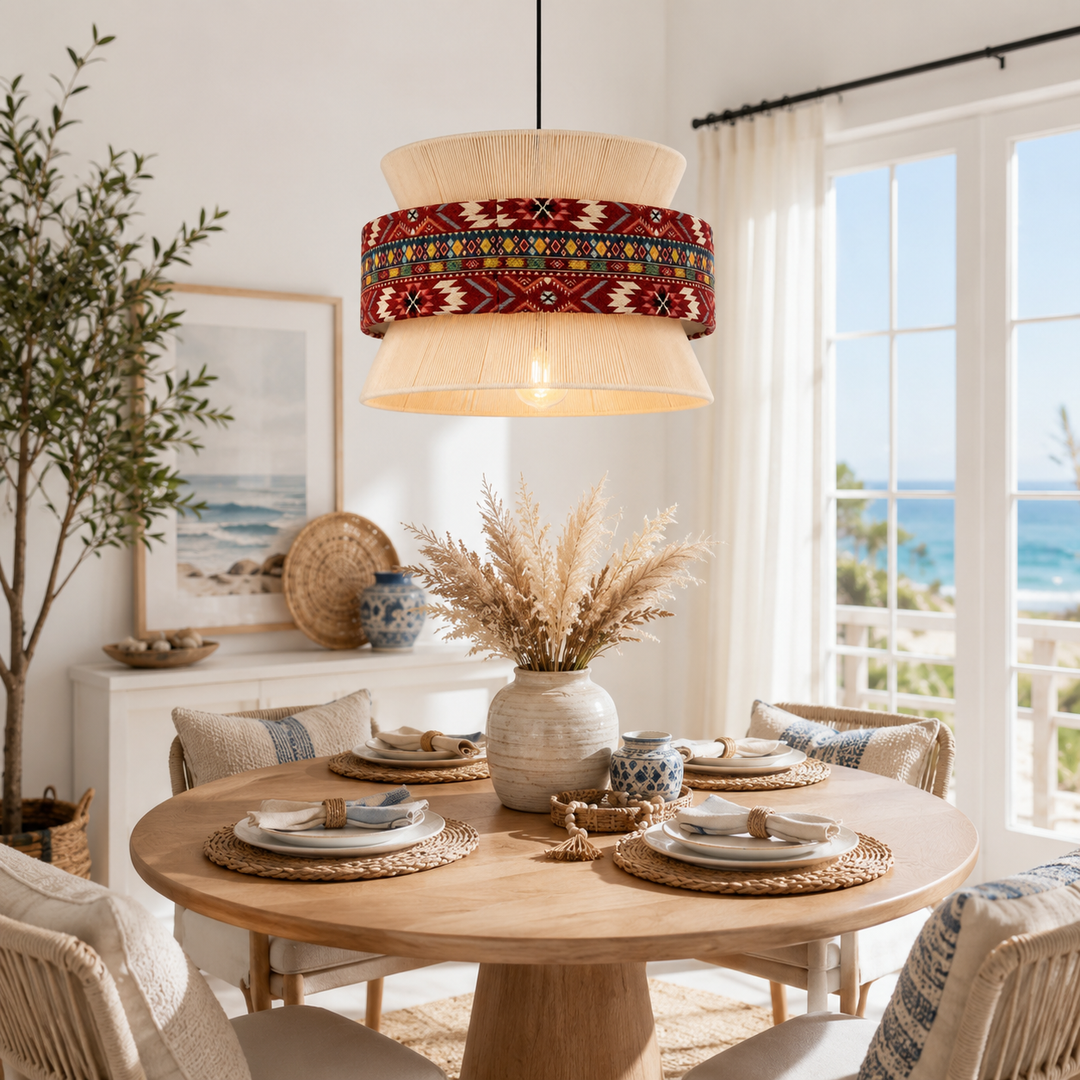 Bohemian Red Pattern Fabric Drum Pendant Light