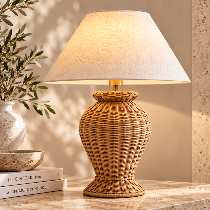 Woven Rattan Table Lamp with Linen Shade