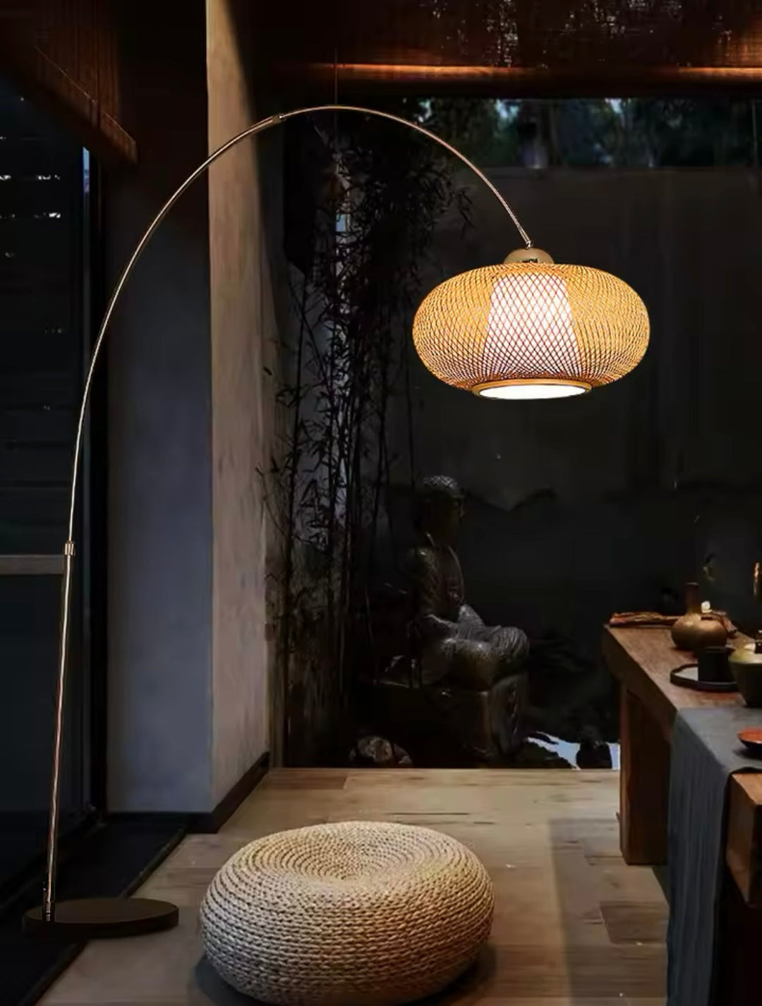 Modern Arc Floor Lamp with Woven Rattan Shade