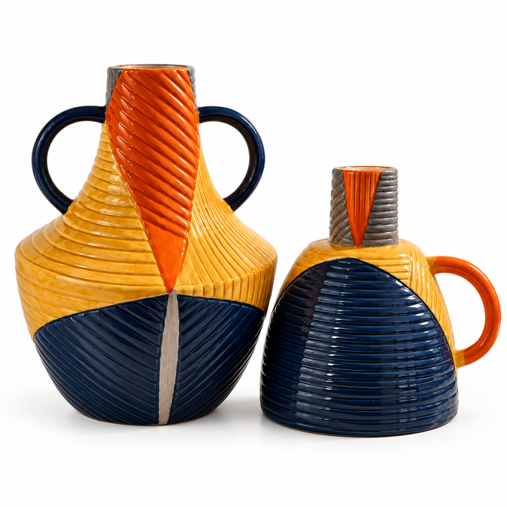 Sculptural Ribbed Ceramic Vase Set in Navy, Ochre & Terracotta
