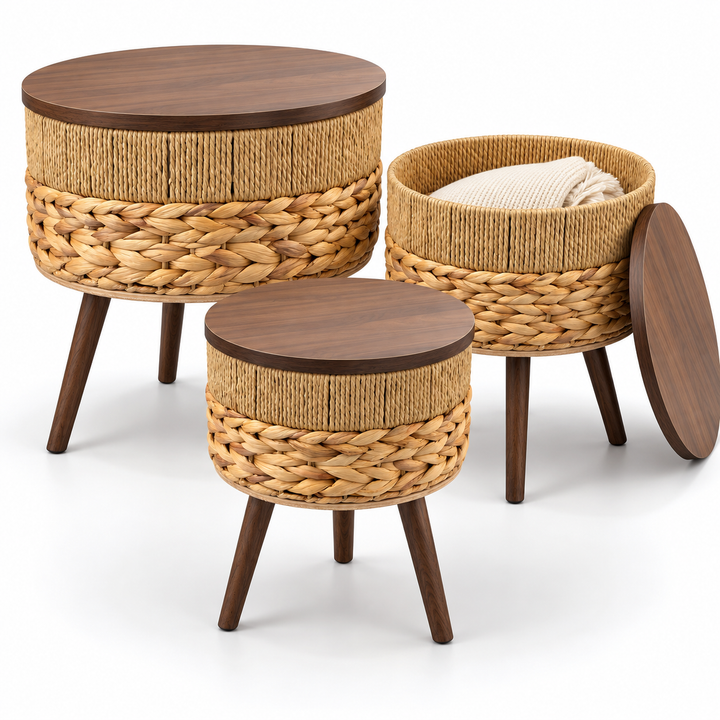 Set of three natural woven storage tables with round wooden lids and tapered legs