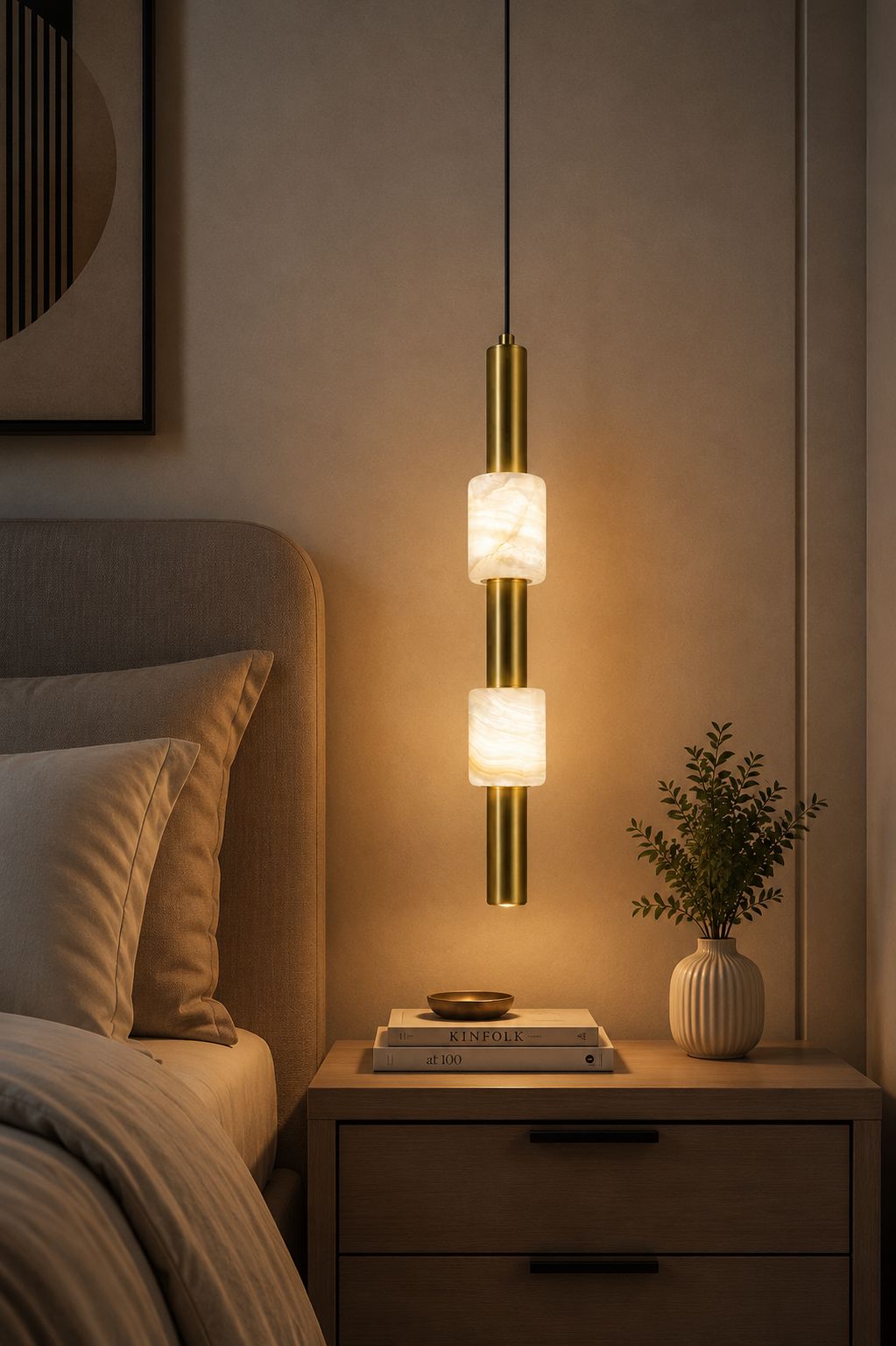 Modern Brass and Alabaster Cylinder Pendant Light