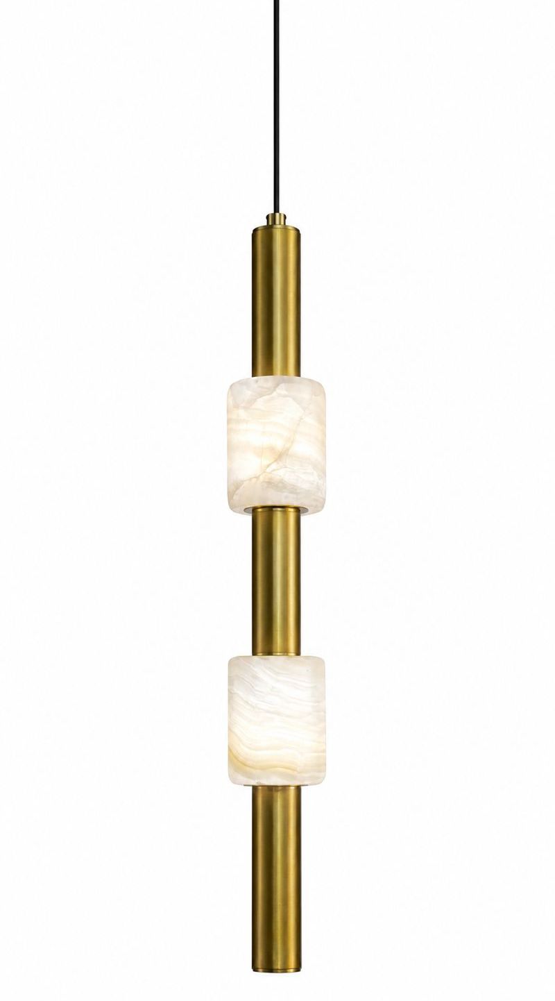 Modern Brass and Alabaster Cylinder Pendant Light