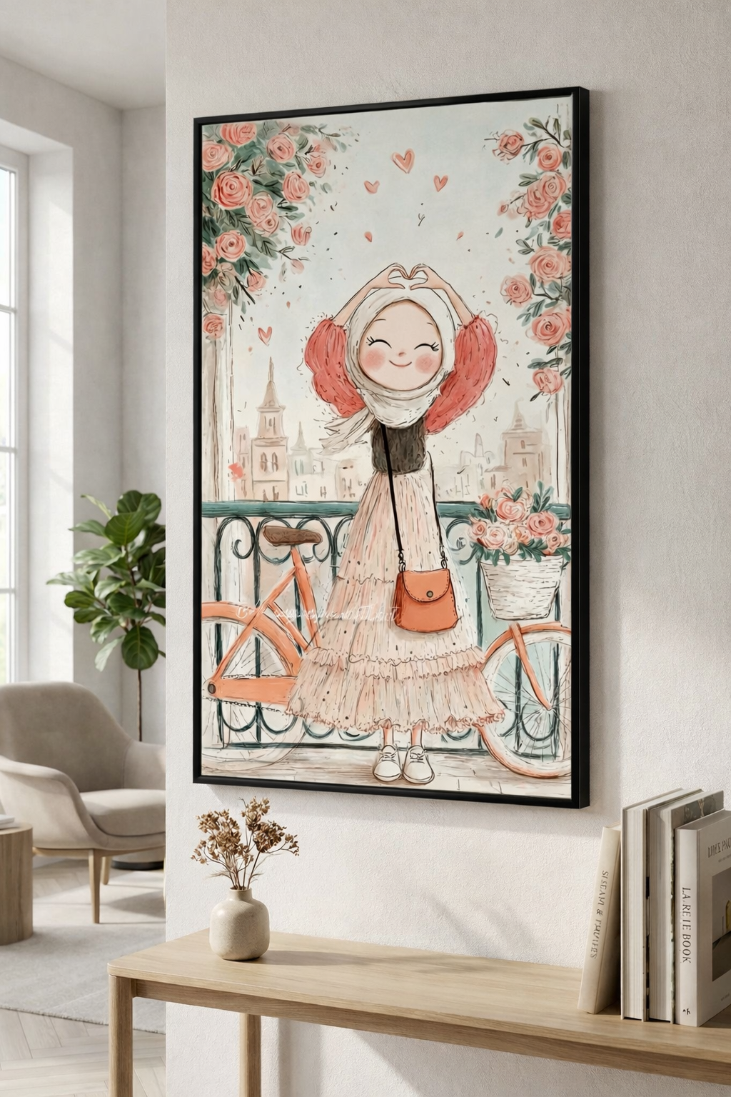 Romantic Girl with Bicycle Canvas Art