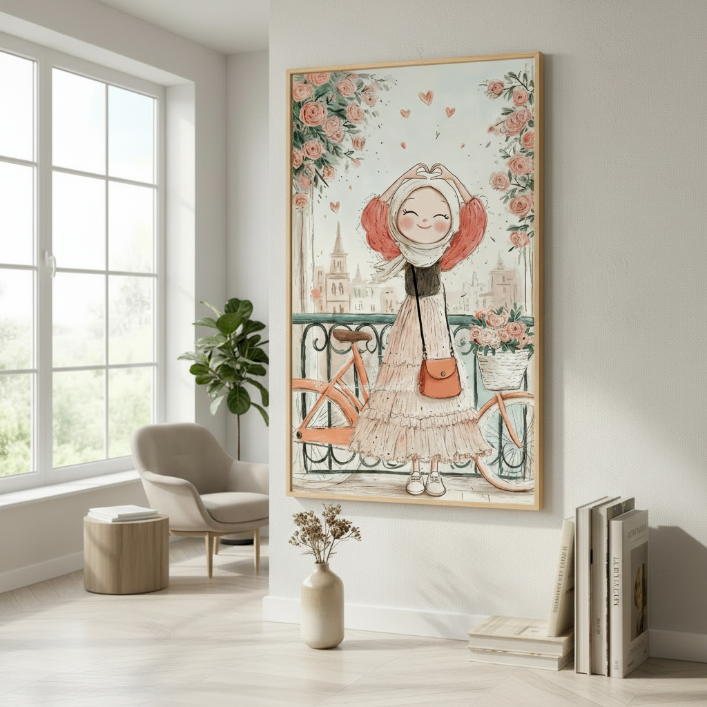 Romantic Girl with Bicycle Canvas Art