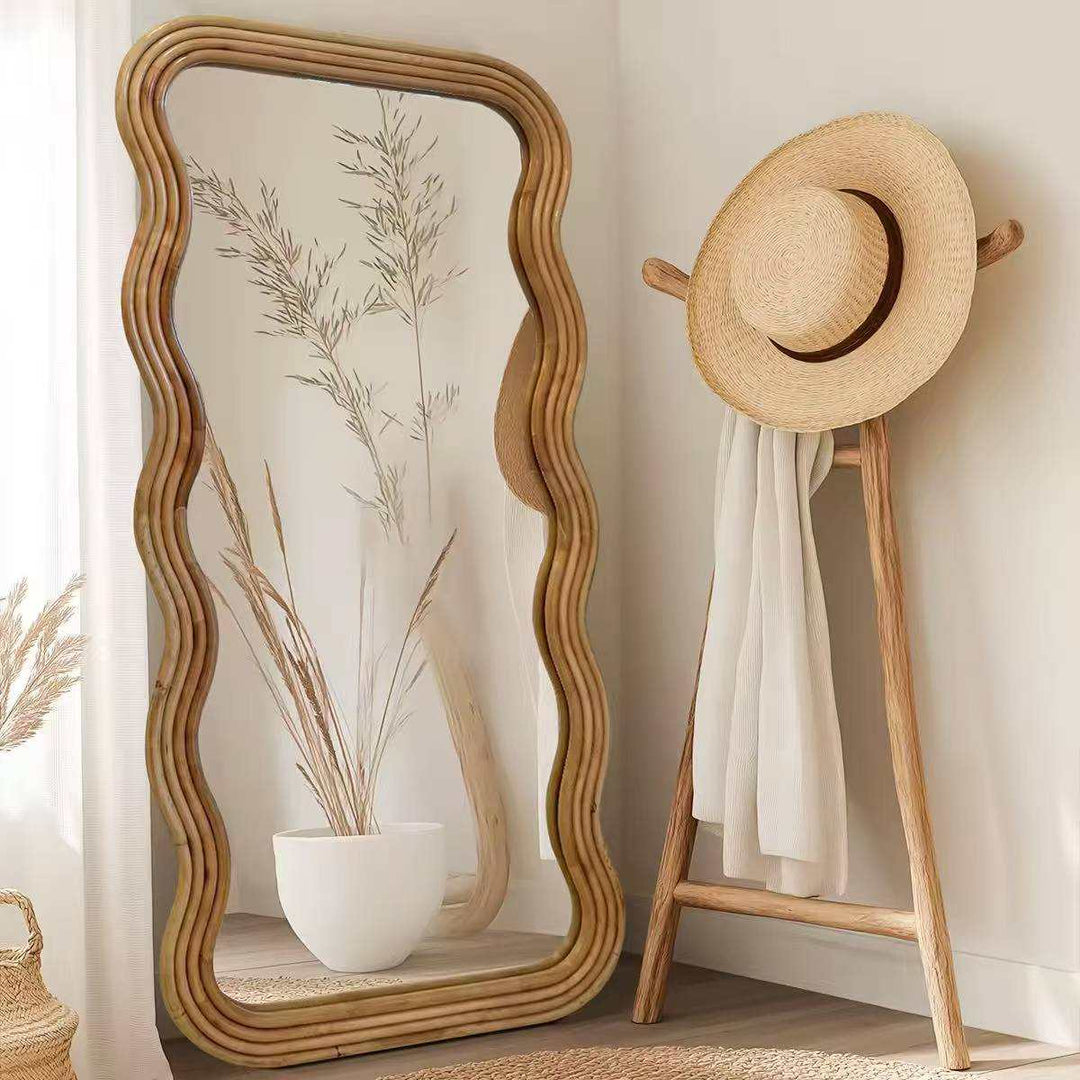 Ripple Wavy Rattan full-length mirror with natural bohemian rattan frame and wavy edges