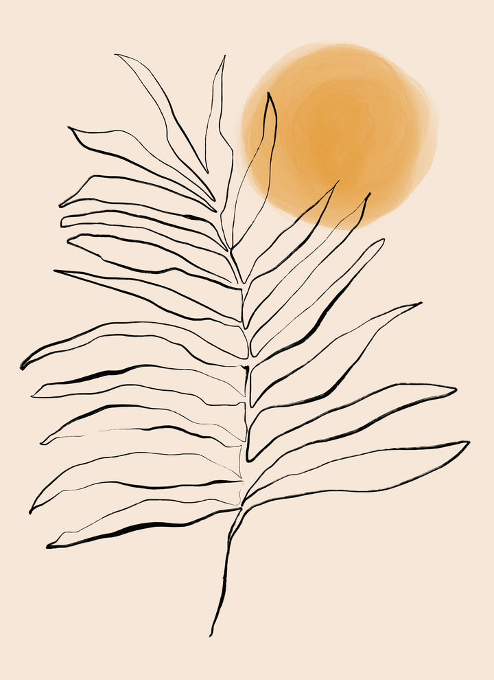 Wadi Home minimalist palm leaf and sun line art on neutral background. Modern wall decor.