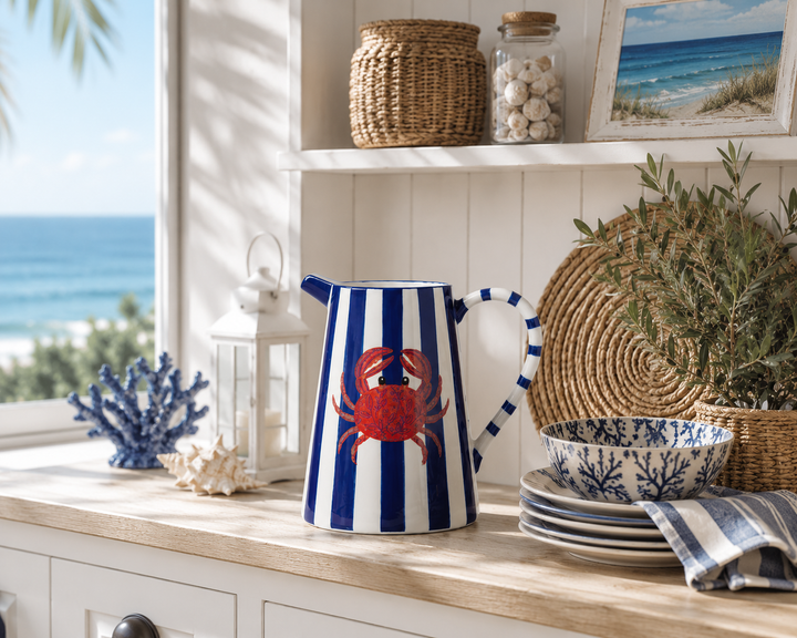 Coastal Striped Ceramic Pitcher with Crab Motif