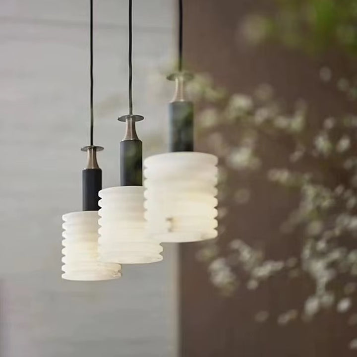 Ribbed Ivory Pendant Light with Black and Brass Details