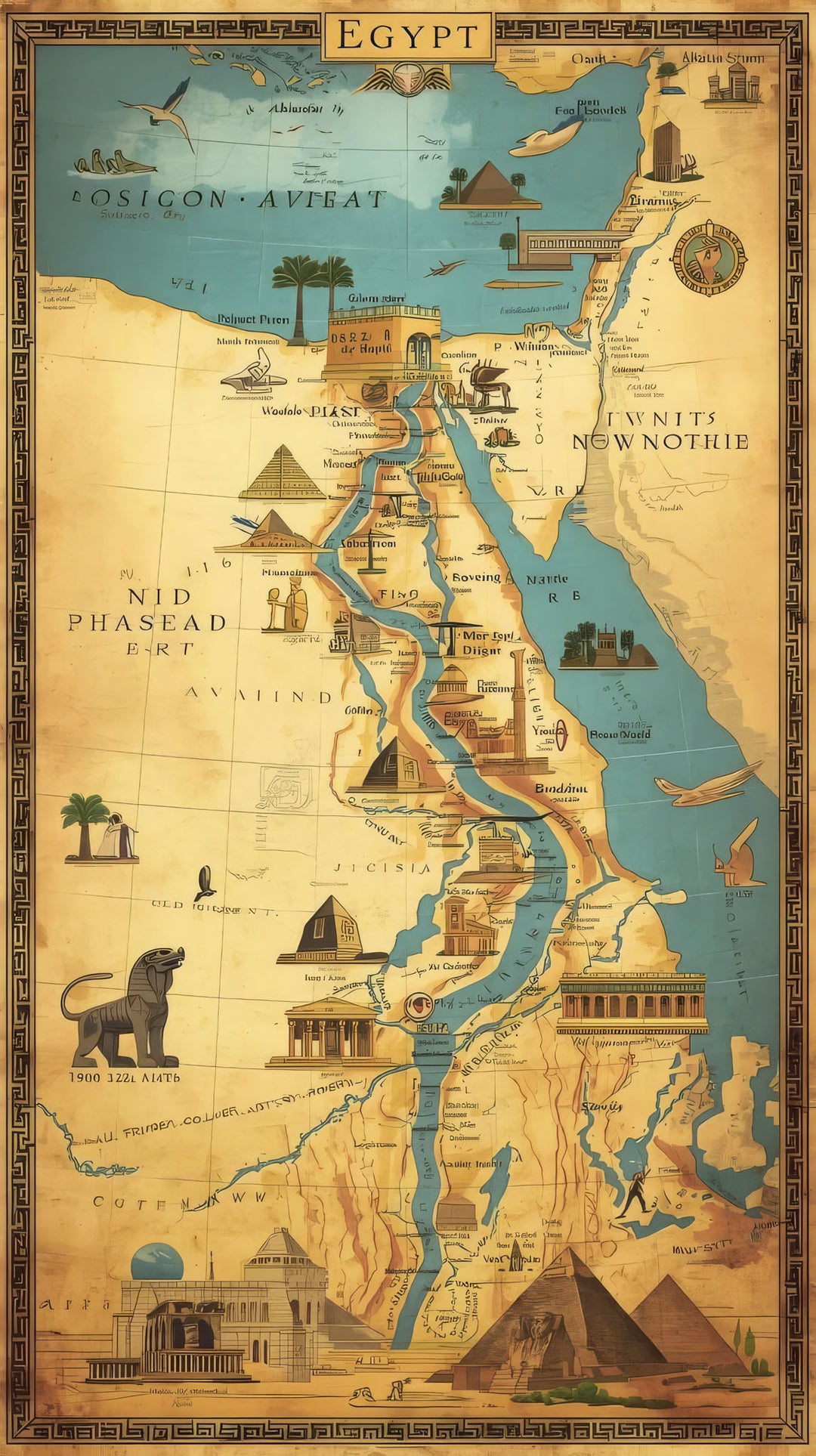 Wadi Home Vintage Egyptian Map Wall Art featuring sepia tones, pyramids, temples, and the Nile River. Ideal for history buffs.