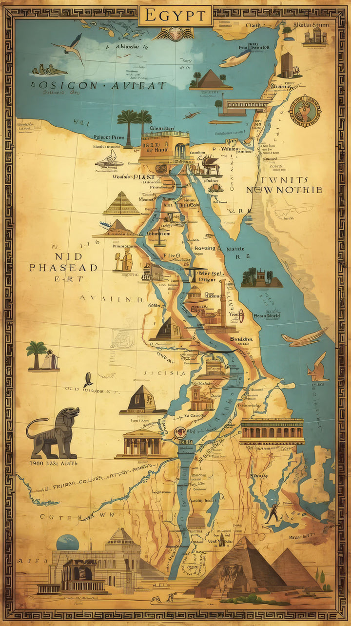 Wadi Home Vintage Egyptian Map Wall Art featuring sepia tones, pyramids, temples, and the Nile River. Ideal for history buffs.