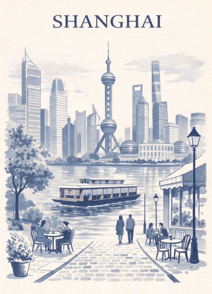 Wadi Home Shanghai skyline waterfront scene artwork in blue and white. Features Oriental Pearl Tower and river cruise.