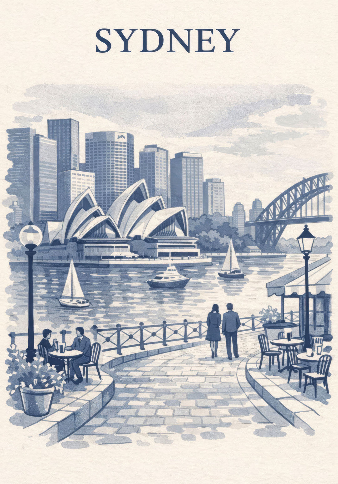 Wadi Home Sydney Harbor watercolor print in blue and white, featuring the Opera House and Harbour Bridge.